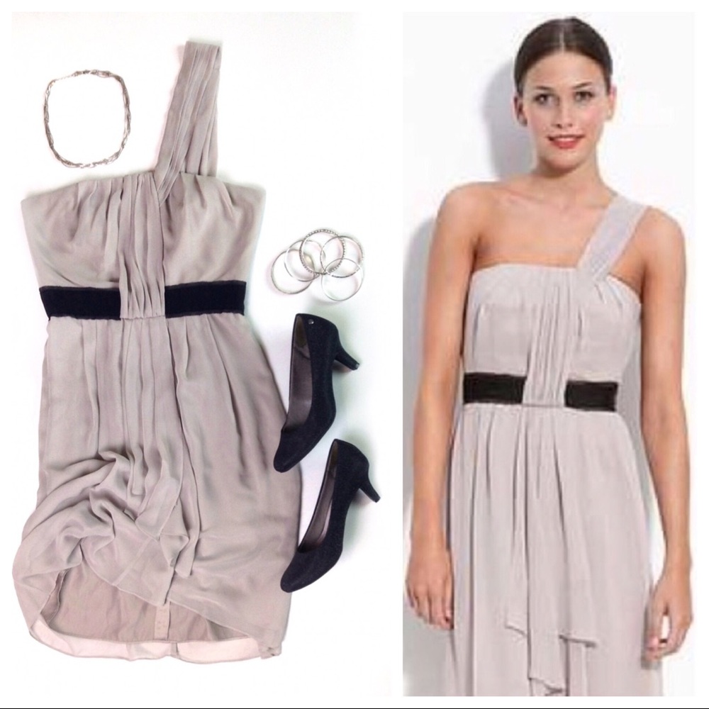 Grey Gauzy One Shoulder Cocktail Dress -4- Max & Cleo